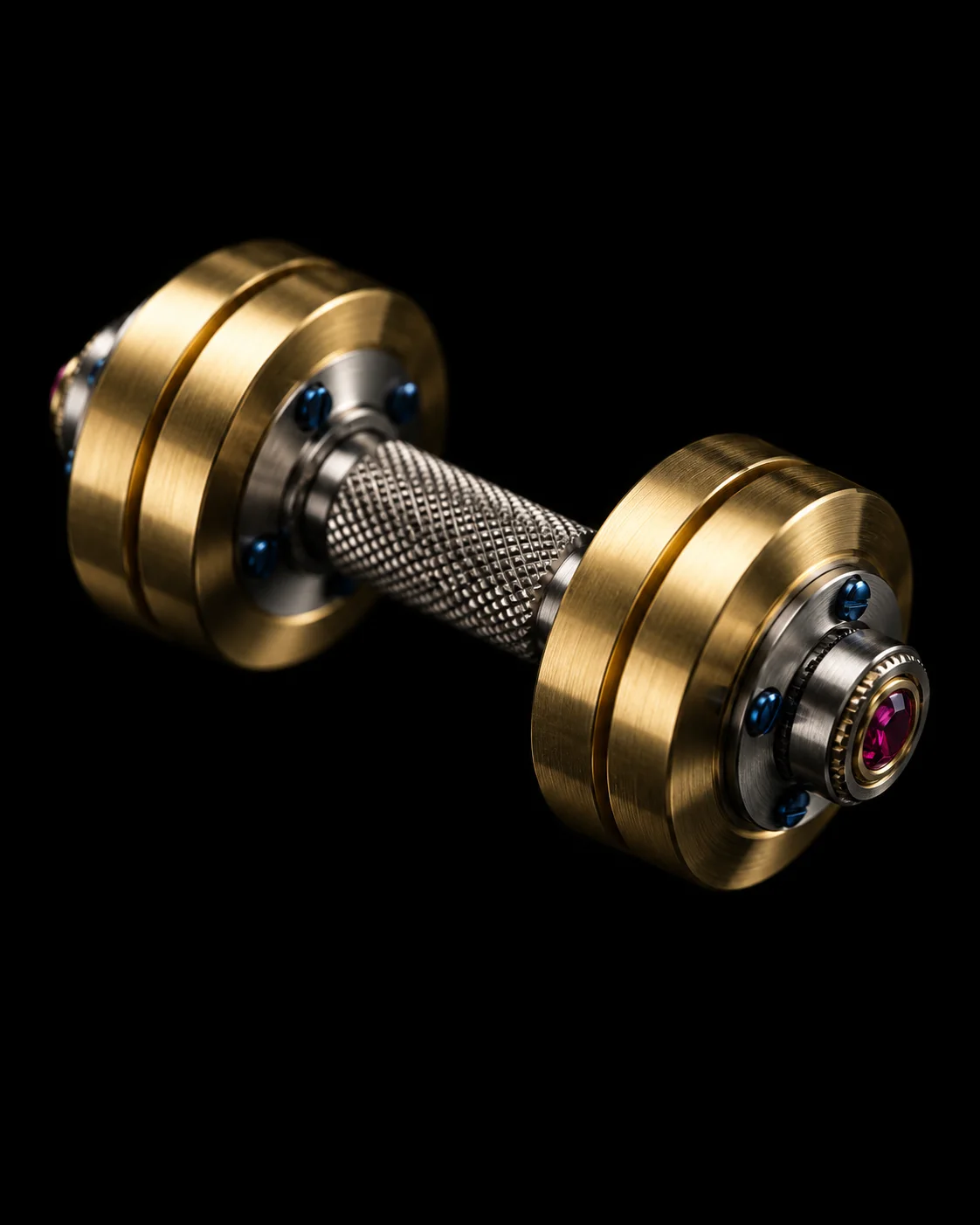 A miniature brass and steel dumbbell with a ruby end cap