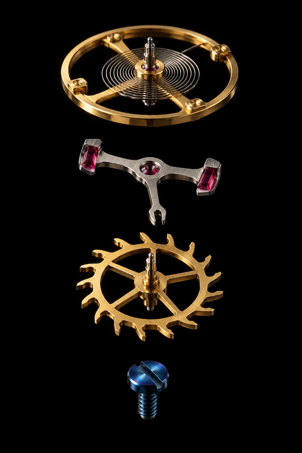 The parts of an escapement separated in a vertical line: balance wheel with hairspring, pallet fork with two rubies, brass escape wheel and a blue screw
