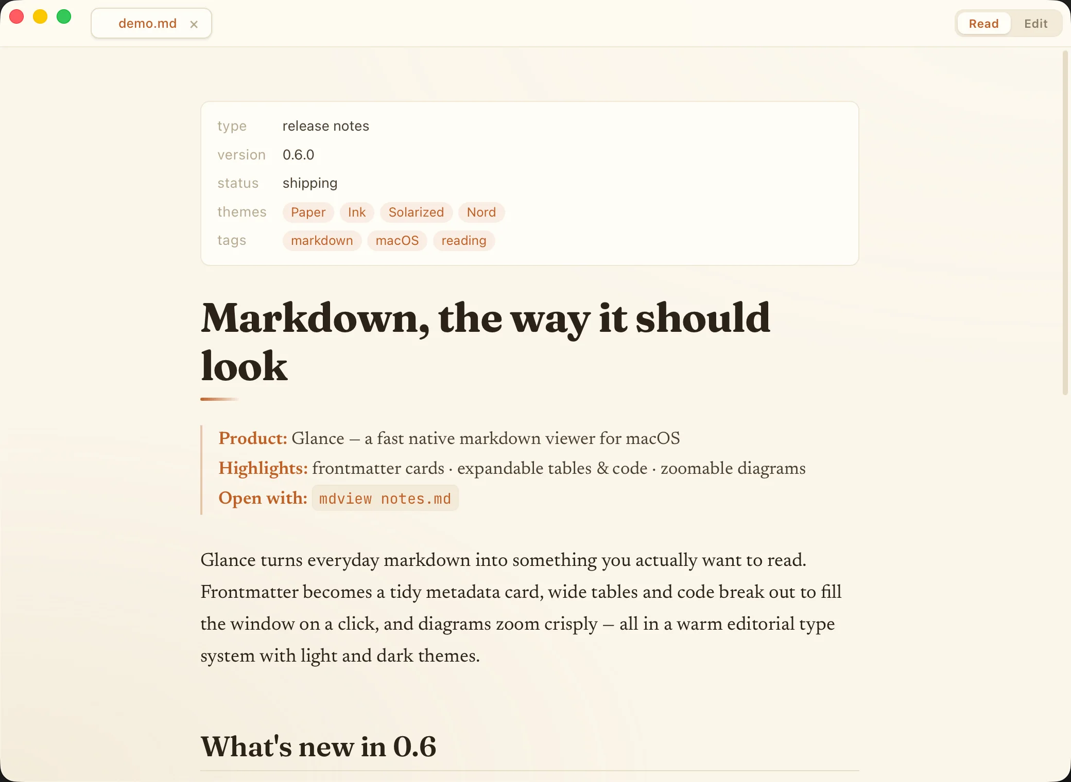 Glance showing a markdown document with a metadata card, a heading and body text