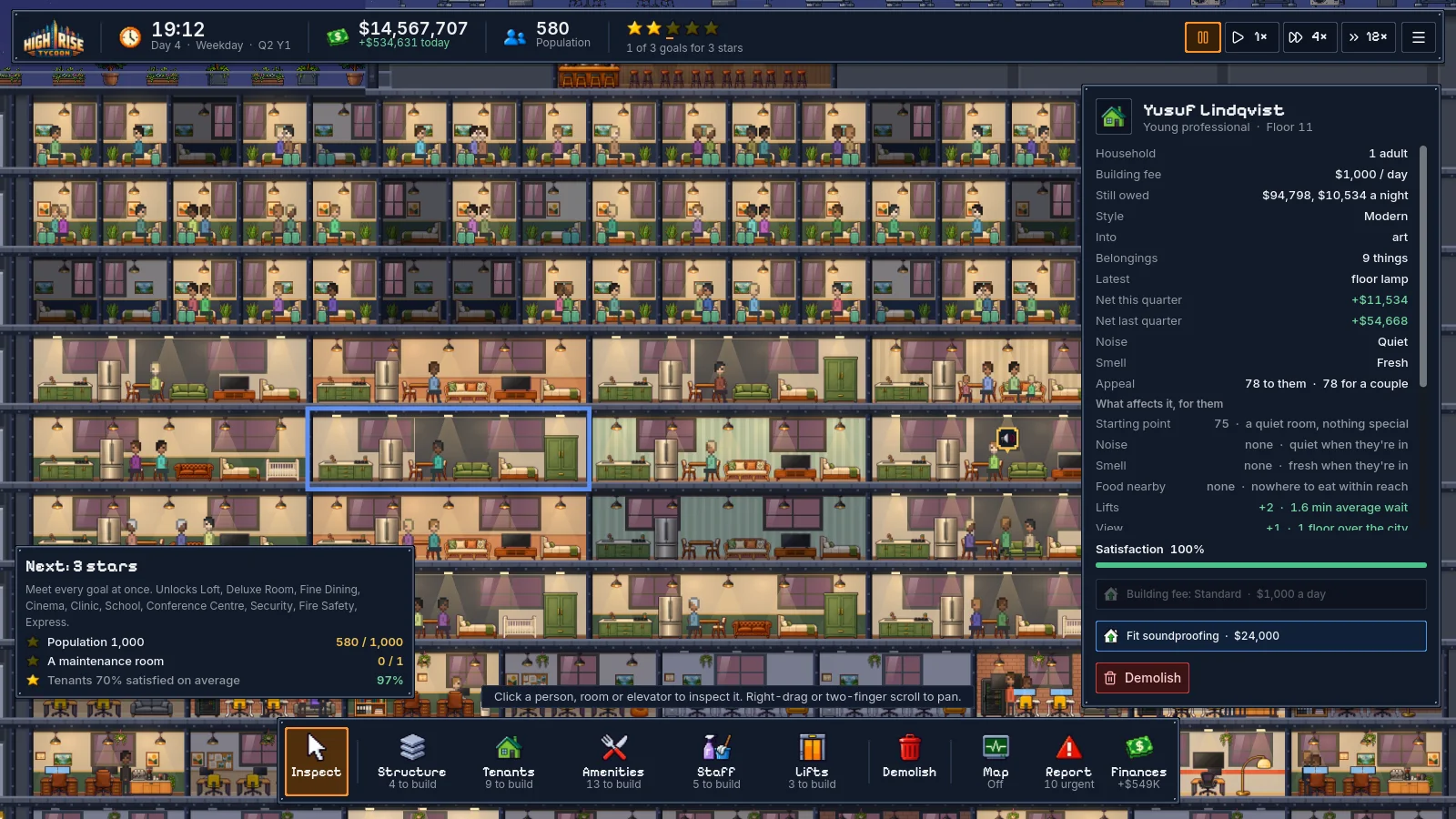 Floors of apartments with one selected, and a panel showing the resident’s household, style, belongings and satisfaction