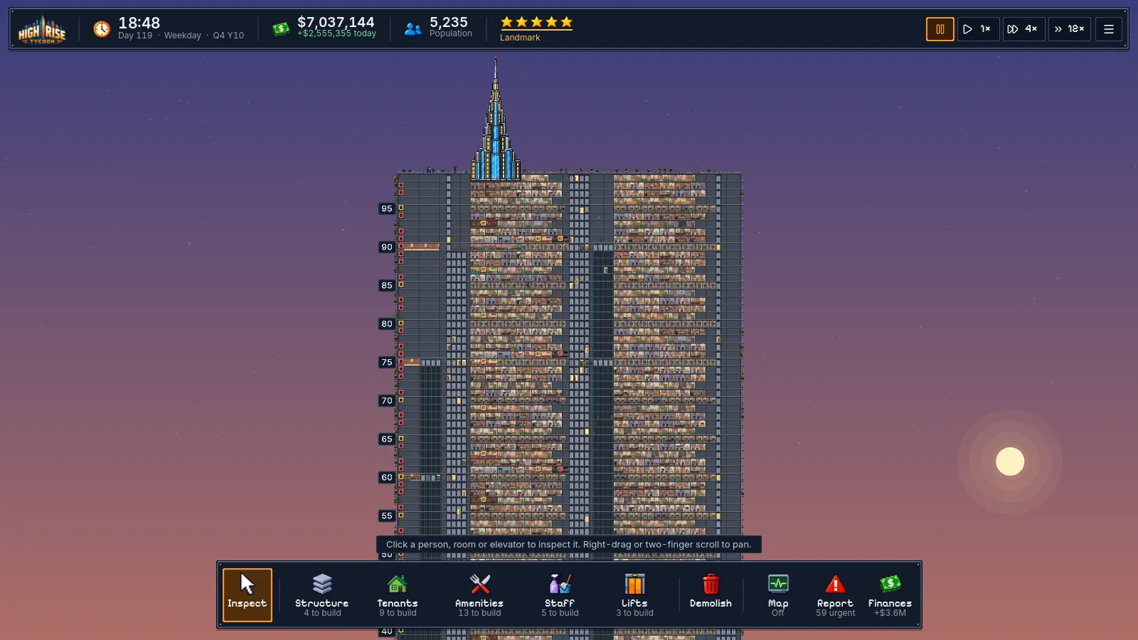 A very tall tower at sunset with a finished spire and a five-star rating
