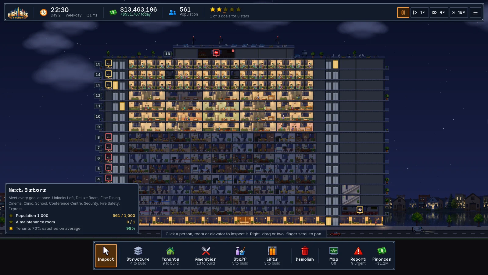 A pixel-art tower at night, cut away to show offices, apartments and elevators, with lit windows and a game interface