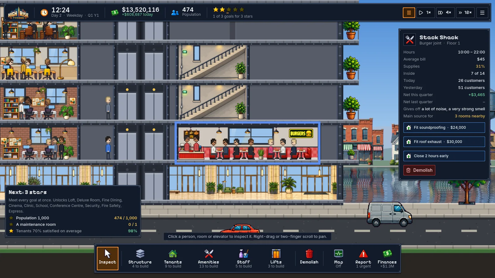 A burger restaurant with diners, and a panel showing its hours, supplies, noise and smell