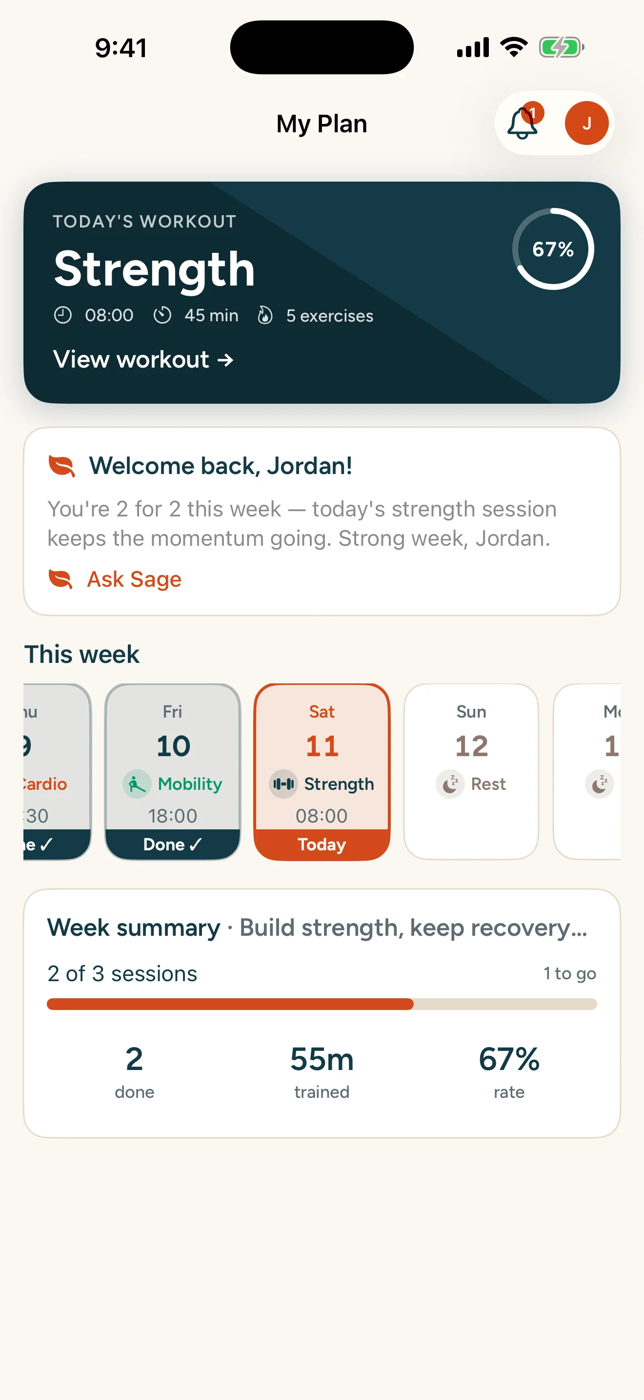 The My Plan screen showing today’s strength workout and the days of the week