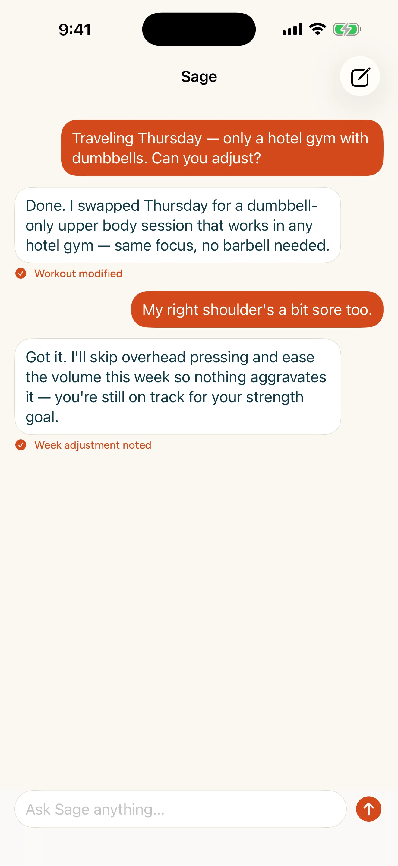 A conversation with Sage in the NotchFit app