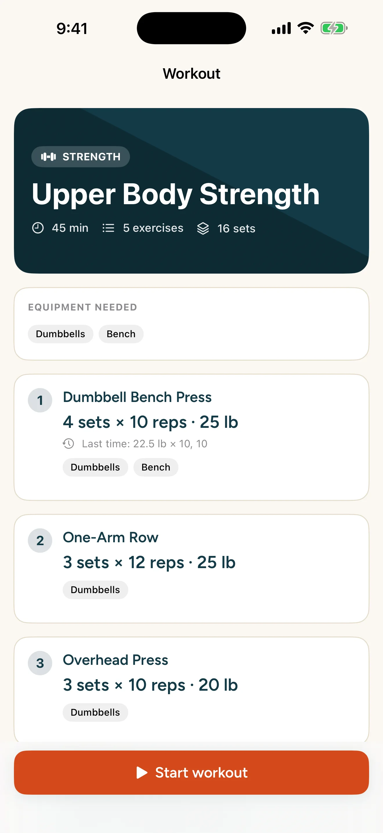 A workout screen listing exercises with sets, reps and weights