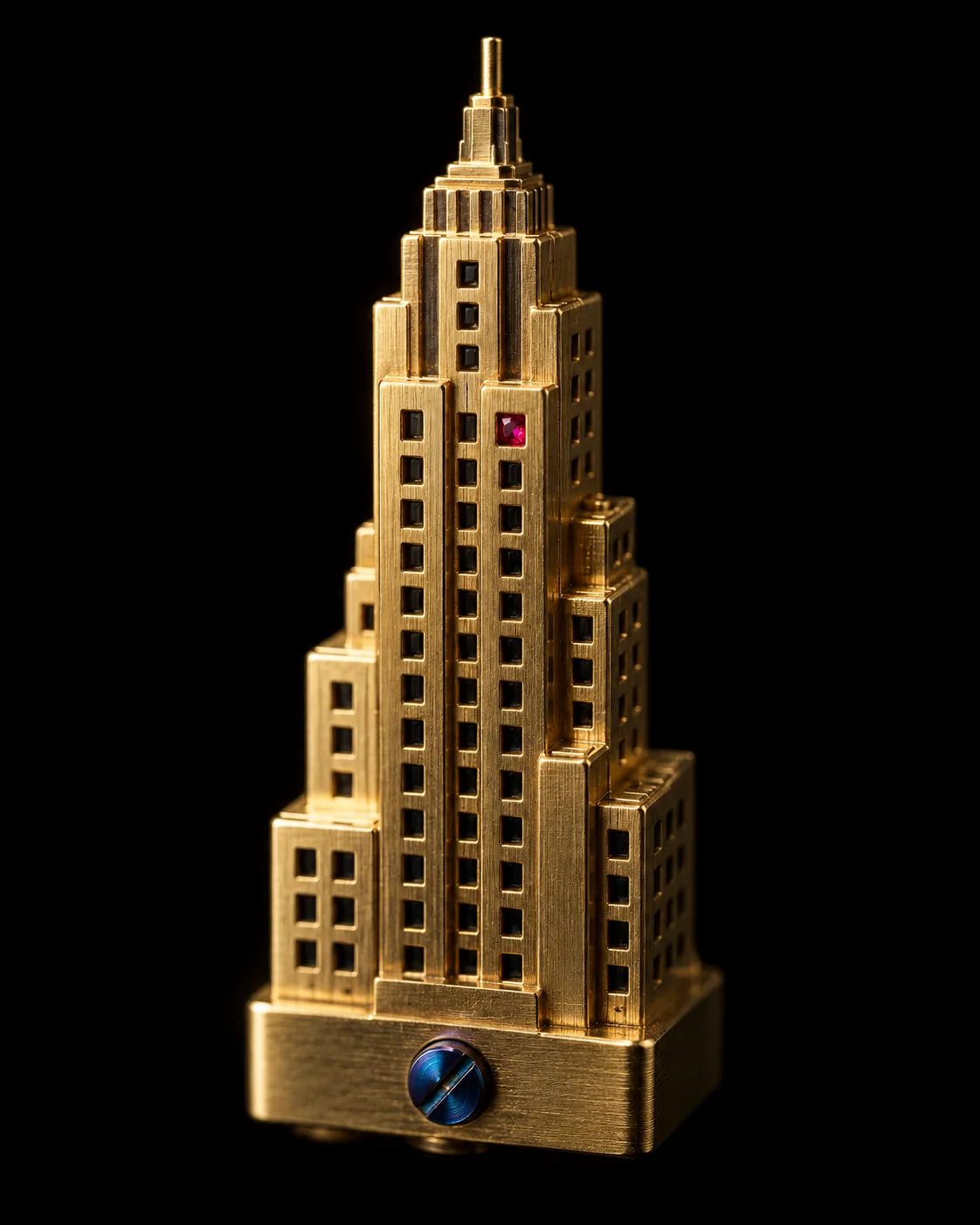 A tiny brass skyscraper with one ruby window
